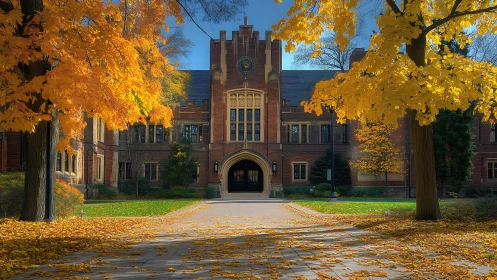 Historic brick college hall glows amid golden autumn trees