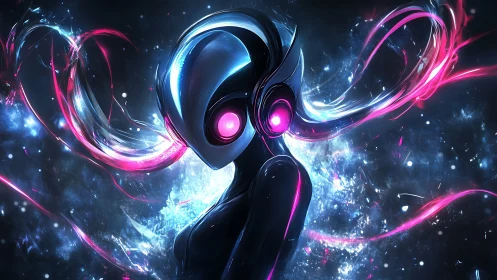 Neon-stitched android silhouette amid cosmic light streams.