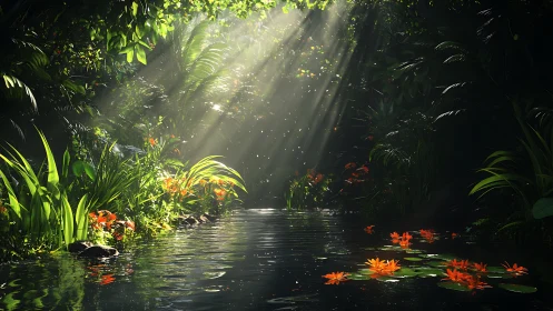 Sunlit jungle pond with water lilies and dense foliage