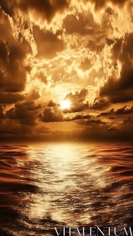Molten sunset light ignites stormy clouds above rippled sea