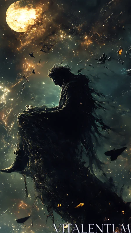 Solitary cosmic figure dissolves into moth-lit stardust