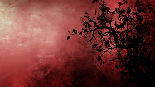 Tree silhouette on textured red gradient background.