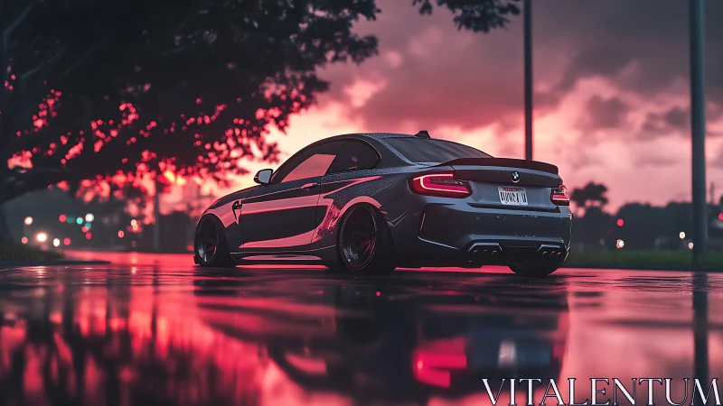 Midnight coupe drinks neon rain along a glowing city verge