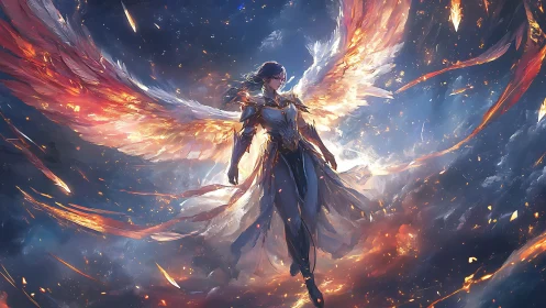 Radiant fire-winged guardian drifting through cosmic dusk.