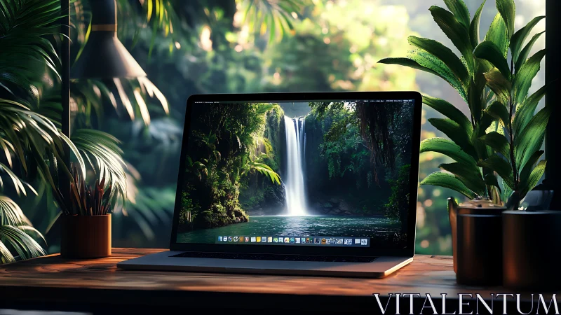 Laptop workspace with lush jungle waterfall wallpaper.