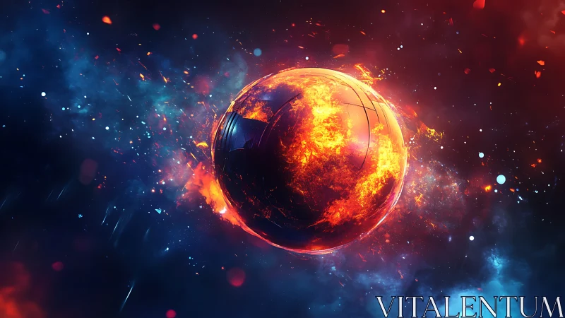 Fiery cosmic sphere erupts amid swirling deep space colors.