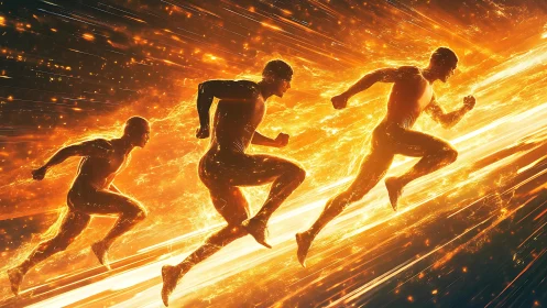 Triadic runners accelerate through luminous streaked energy field