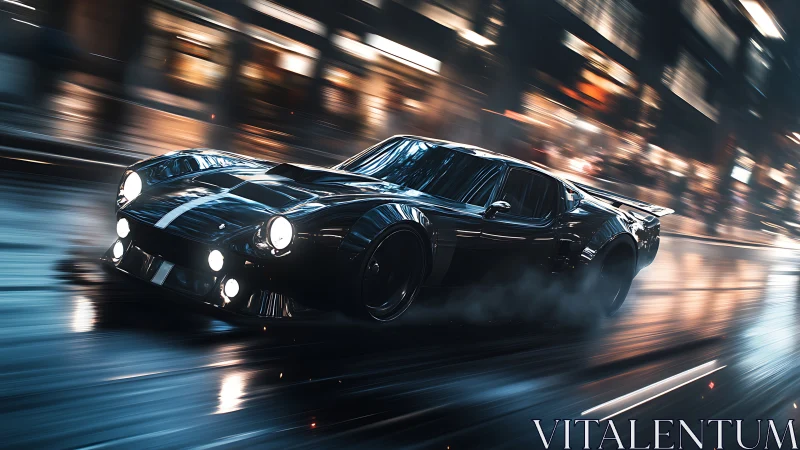 Midnight muscle car slicing through neon city rainstorm.