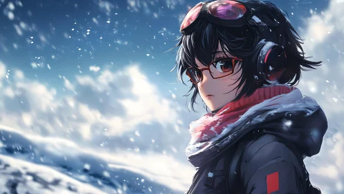 Snowfield daydreamer in red frames and storm-soft light.