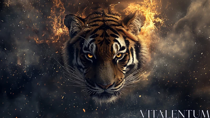 Hyperreal tiger portrait suspended in embers and smoke field