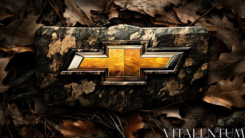 Metallic bowtie emblem mounted on camo plate over dry oak leaves