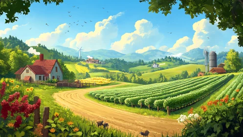 Luminous agrarian valley with layered farms and cloud topology.