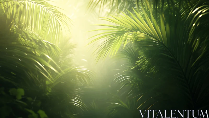 Dense tropical foliage with diffused backlit sunlight shafts.