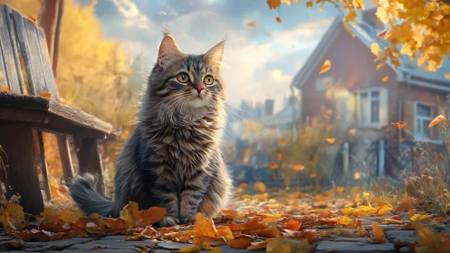 Majestic Tabby Cat Amid Autumn Foliage in Rural Countryside.