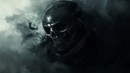 Shadowy skull drifts through misty darkness with quiet power.