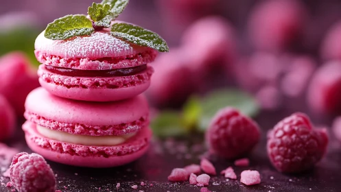 Raspberry macaron tower with mint snow and berry whispers.