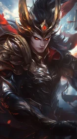 Armored fantasy warlord with horned helm and glowing eyes.