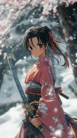 Snow-kissed samurai girl quietly guards the falling blossoms