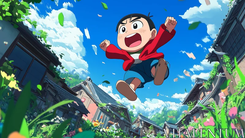 Dynamic anime boy leaps through vivid village sky corridor