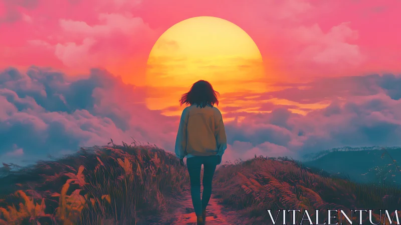 Digital painting of lone figure on path toward neon sunset horizon.