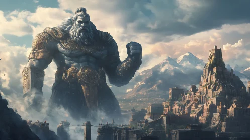 Armored stone giant towering over ancient mountain city.