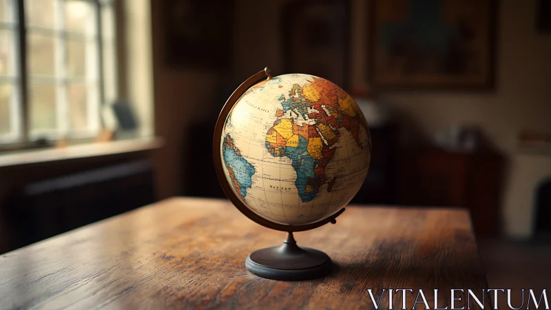 Illuminated vintage terrestrial globe on wooden study table