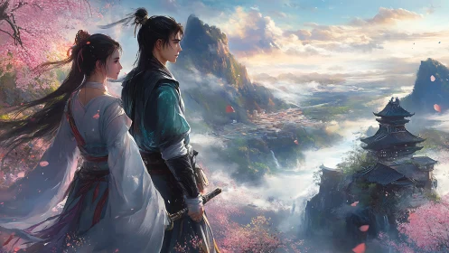 Wuxia couple overlooking misty mountain citadel, digital painting.