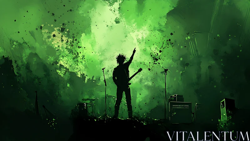 Electric guitarist silhouette amid explosive neon green stage haze