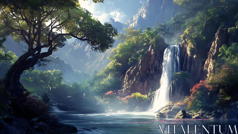 Peaceful waterfall haven embraced by glowing forest light.