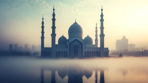 Foggy urban mosque with domes, minarets and water reflection.