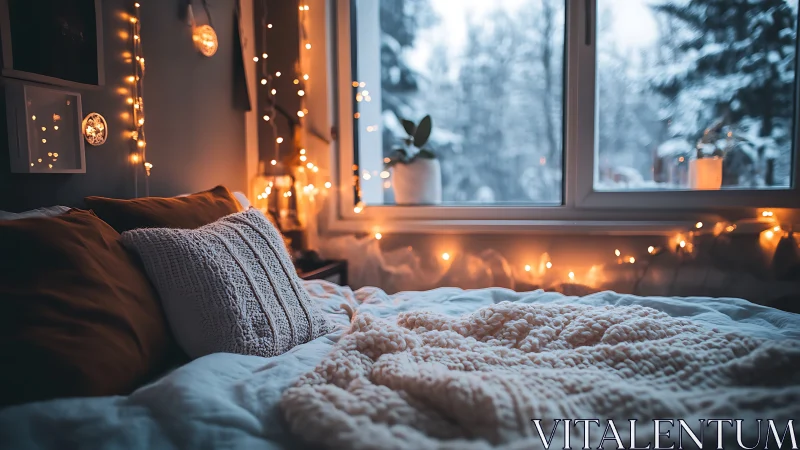 Cozy winter bedroom with lights and knitted bedding.