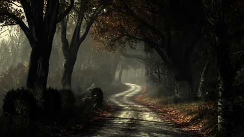 Shaded country lane curving through dense autumn woods.