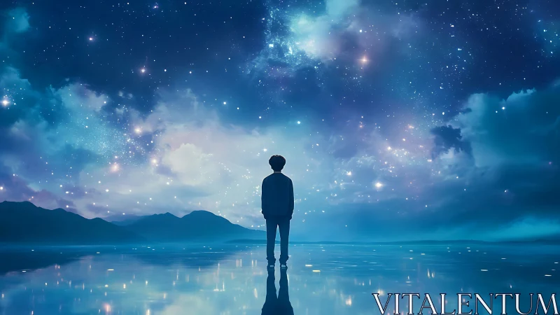 Digital painting of lone figure on reflective starfield horizon.