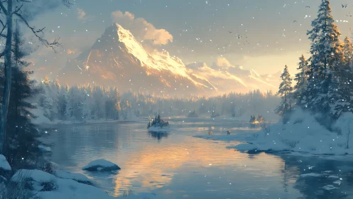 Snowflakes drift while sunrise paints a quiet alpine river