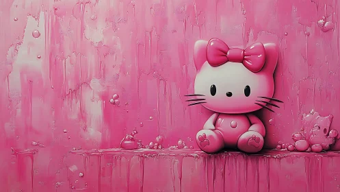 Pink cat figurine sits against textured dripping wall