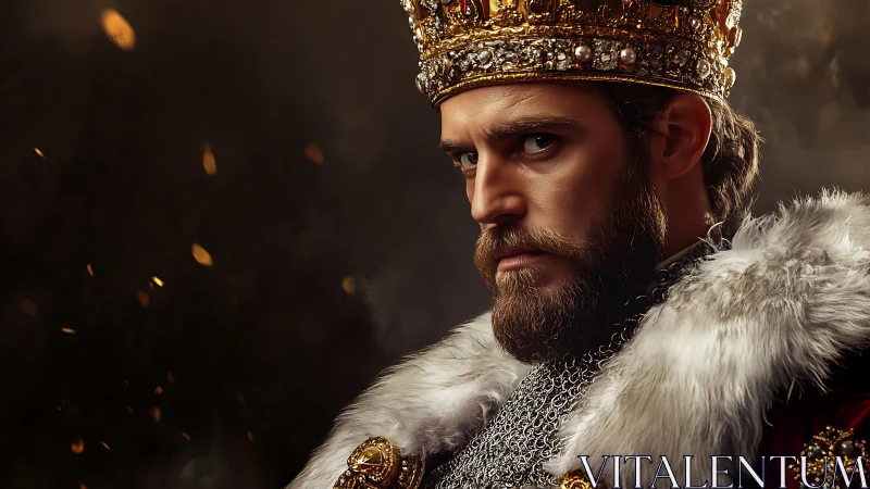 Regal gaze of a wary king amid drifting golden embers.