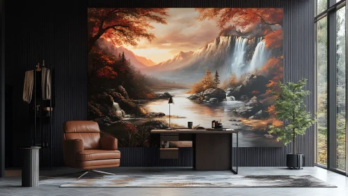Office interior with large waterfall landscape wall mural.