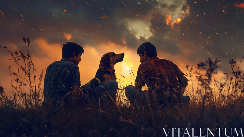 Two boys with dog in field under dramatic glowing sky.