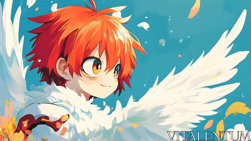 Aerial portrait of red-haired winged child in stylized flight.