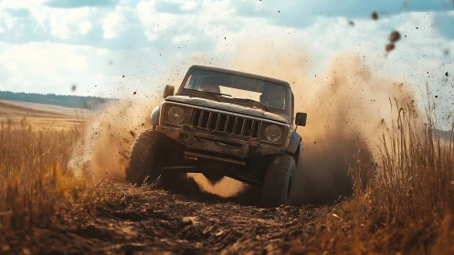 Mud-slinging off-road beast carving chaos through dust fields.