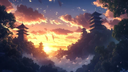 Sunlit mountain pagodas above drifting valley clouds.