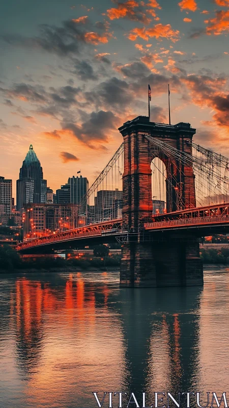 Sunlit suspension bridge reflects over calm city river.