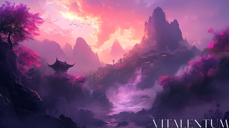 Digital painting of misty sakura valley and temple mountainscape.
