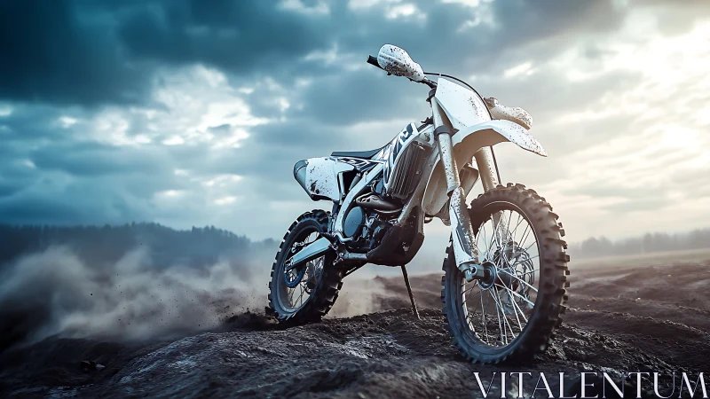 Dirt bike stands on wet off road terrain under cloudy sky