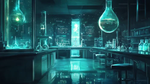 Futuristic neon laboratory glows with suspended glass flasks