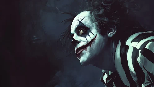 Striped nightmare jester grinning through the midnight gloom.