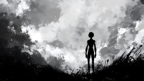 Quiet silhouette wandering beneath a restless painted sky.