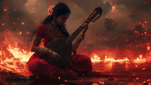 Woman in red sari playing stringed instrument amid fire scene.