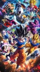 Dynamic anime heroes surge through cosmic battlefield.