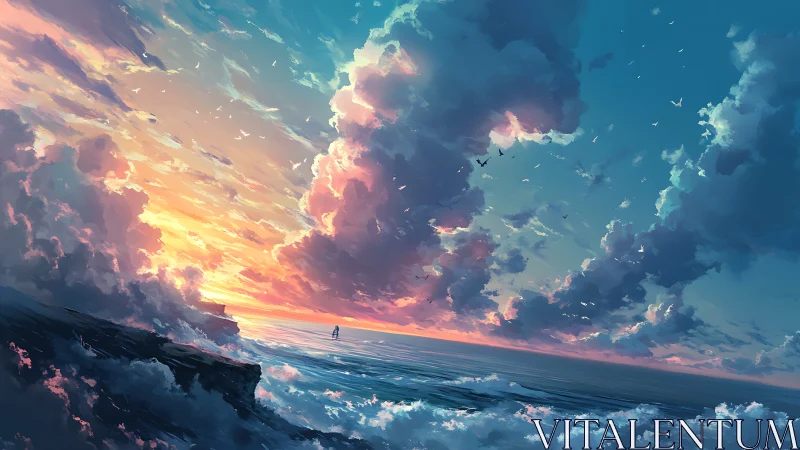 Radiant ocean sunset under towering stormlit clouds.